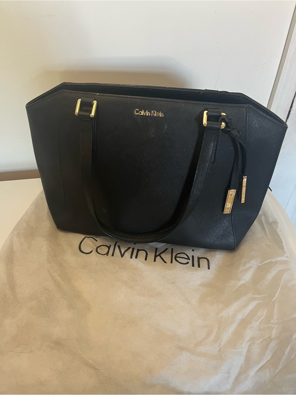 Calvin Klein Black Textured Leather Tote with Gold Hardware